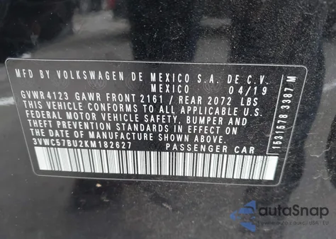 2019 Volkswagen Jetta 1.4T R-Line/1.4T S/1.4T Se from USA, damaged, VIN 3VWC57BU2KM182627
